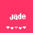 Pixelated text 'jade' on bright pink background with five white and one light pink heart symbols below.