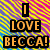 Pixelated text 'I LOVE BECCA!' in orange letters with black outlines on a diagonal striped background of yellow, pink, purple, and blue.