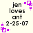 Pixelated text reads 'jen loves ant 2-25-07' with purple square-and-dot animation elements on a light background.