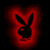 Red pixelated text and a Playboy bunny logo on black background with gray rectangle.