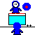 Pixel art animation of blue cartoon figures interacting with a computer monitor, showing actions like typing, clicking, and a screen explosion.