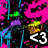 A vibrant, pixelated composition with neon splatters and a <3 symbol on the left, transitioning to solid green and orange blocks, then pink-and-white stripes, ending in gray.