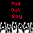 Red text "Fall Out Boy" appears twice on a black background above a pixelated crowd of raised hands in grayscale.