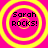 Four identical circular icons with yellow concentric rings on a bright pink background, each displaying "Sarah ROCKS!" in black text.