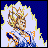 Pixelated character with spiky golden hair and blue-orange outfit against dark blue background, showing three sequential poses.