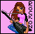 Pixel art of a woman with long brown hair holding a black electric guitar, wearing pink top and blue pants against pink background.