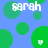 Pixelated blue background with green circles and white text reading 'sarah' in four locations, each with a small white heart symbol on one green circle.
