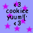 Pixelated text and symbols on a purple background with pink stars, showing repeated patterns of 'cookiee yuum![ <3' in black font.
