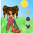 Animated contact sheet of a pixel-art character with pigtails in various poses and backgrounds, including grassy fields, green gradients, purple starry scenes, and text overlays.