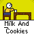 Animated contact sheet of a pixel art character drinking milk and eating cookies with changing table props across 9 frames on yellow background.