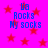 A bright pink background with red stars and blue text reading "lia Rocks My socks" in a pixelated font.