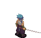 Pixelated character with blue spiky hair and purple pants wields a silver sword, transitioning from standing to falling while red damage effects appear on the body.