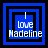 Four blue square with black borders display the text "I love Madeline" in white pixelated font, each showing a different arrangement of nested squares