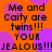 Orange background with purple circular shapes and repeated black text reading "Me and Caity are twins!!! YOUR JEALOUS!!!" in a pixelated font.