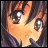 Pixelated anime-style close-up of a character's face with brown hair and large eyes, next to stylized text on black background.