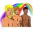 Three pixelated figures stand side-by-side under a rainbow-colored arc, with the left figure having yellow hair and purple highlights.