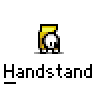 Animated contact sheet showing 20 sequential frames of a yellow stick figure performing handstands on a gray background, with "Handstand" text beneath each frame.