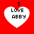 Four identical white heart shapes on a solid red background, each containing black pixelated text reading "I LOVE ABBY" with "I" above the heart and "LOVE ABBY" inside.