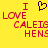 Yellow background with red pixelated text reading "I LOVE CALEIGH HENS" and a black pixelated heart symbol above the text.