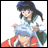 Pixelated anime-style buddy icon featuring two characters on the left and stylized text on a black background, with visible animation frame differences between sampled frames.