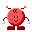Pixelated red circular character with brown limbs, pink cheeks, and black eyes in two poses: standing still and jumping.