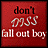 A 3x2 contact sheet of a pixelated animated buddy icon featuring Mario and Luigi characters with repeated text "don't miss fall out boy" on red backgrounds, showing different facial expressions across frames.