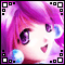 Pixelated anime-style character with pink-purple hair, large purple eyes, and a small open mouth; surrounded by black-and-white square border elements.