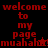 Red pixelated text reads 'welcome to my page muahaha!' on a split black and red background with a small star symbol.