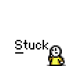 Animated contact sheet of a pixel art character in yellow clothing with multiple poses and expressions, including text "Stuck" on each frame.