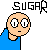 Pixel art of a bald character in blue clothing with two expressions under 'SUGAR' text, first neutral then squinting.
