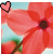 Pixelated red flower with brown center and green stem, light blue background, pink heart icon in top-left corner.