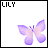 Four pixelated butterfly icons arranged in a , each with distinct color schemes and labeled 'LILY' at the top left