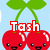 Pixel art cherry pair with smiling faces, green leaves, and 'Tash' text in red outline on left, cyan outline on right.
