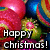 Pixelated holiday-themed icon with red and blue ornaments and green foliage, displaying 'Happy christmas!' text in white block letters.
