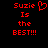 Red pixelated text on black background reads "Suzie Is the BEST!!!" with a heart symbol replacing the 'o' in Suzie.