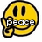 Yellow smiley face with black eyes and mouth, making a peace sign gesture over its right eye; text 'peace' appears below the hand.