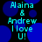 Pixelated text displays 'Alaina & Andrew I love U!' over blue circles on black background, with visible animation changes in circle positions across frames.