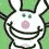 A 3x3 contact sheet of a pixelated animated icon featuring a white bunny mascot with pink nose and black outlines, displaying sequential text changes on a green background across nine frames.
