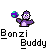 Pixelated purple character with light purple chest holding a blue-green ball, standing above "Bonzzi Buddy" text on gray background.