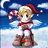 Pixelated character in Santa hat holding candy cane, standing on gift box against snowy sky with clouds.