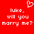 Red background with white pixelated text reading 'luke, will you marry me?' repeated twice and a heart symbol above the left instance.
