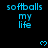 Blue pixelated text 'softballs my life' repeated across a black background with small blue heart symbols, partially cropped at bottom right.