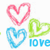 Static image of three hand-drawn heart shapes in pink, blue, and green with the word 'love' below them on a white background.