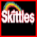 Animated Skittles icon with rainbow arc above text, transitioning to 'taste the rainbow' phrase on black background.