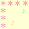 Pixelated pink flower icons with yellow centers and green, orange, pink, and yellow musical notes on a pale yellow background.