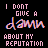 Two side-by-side animated frames of a pixel art buddy icon with text about reputation, featuring a black background and pink border in the second frame.