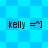 Four identical pixelated text elements reading 'kelly =^]' on a blue checkered background with two distinct patterns.