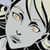 Pixelated close-up of a stylized face with light skin, large eyes, and dark hair, rendered in a limited grayscale palette with subtle beige eye highlights.