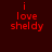 Red pixelated text on dark red background reads 'i love shelby' in three lines with slight blur effect.