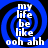 Blue and black spiral background with white text reading 'my life be like ooh ahh' in four quadrants, animated with subtle color shifts.